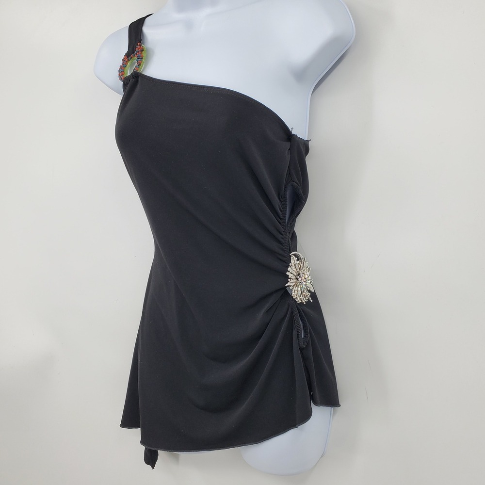 Fredericks of Hollywood Altered Black One Shoulder Asymmetrical Brooch Top XL